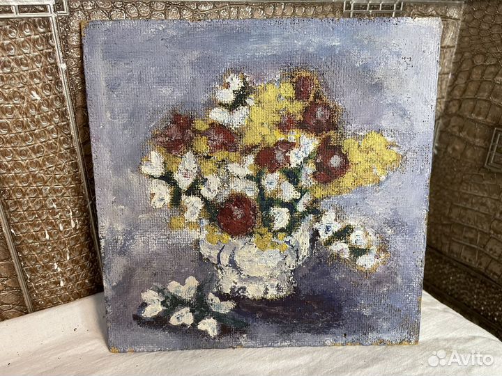 Картина маслом 1990 год цветы ретро панно