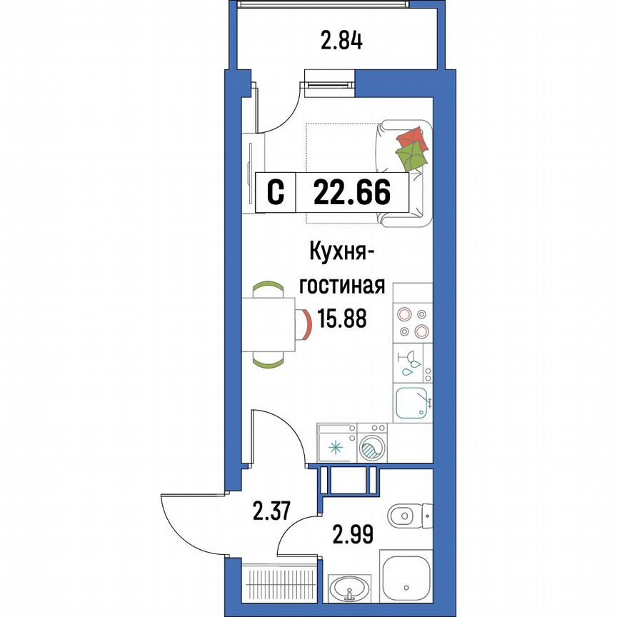Квартира-студия, 22,7 м², 11/16 эт.