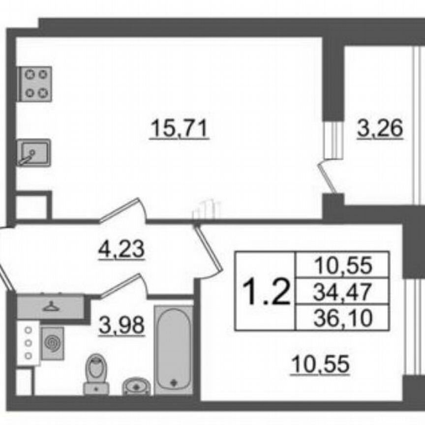 1-к. квартира, 36,1 м², 10/12 эт.