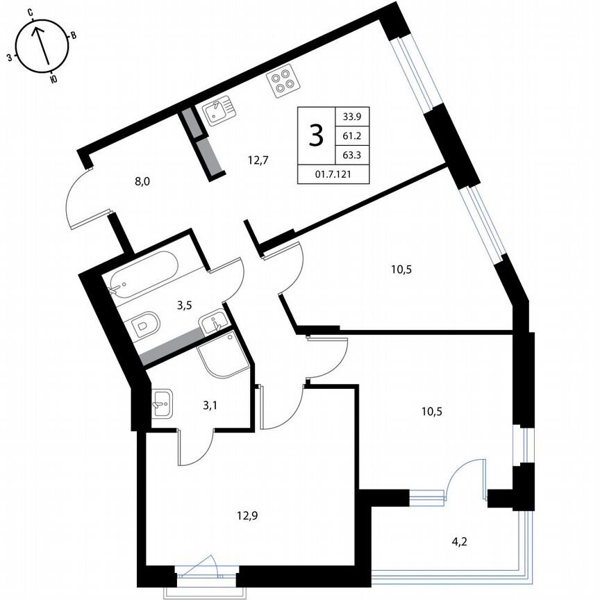 3-к. квартира, 63,3 м², 3/3 эт.
