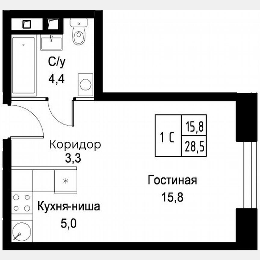 Апартаменты-студия, 28,5 м², 26/30 эт.