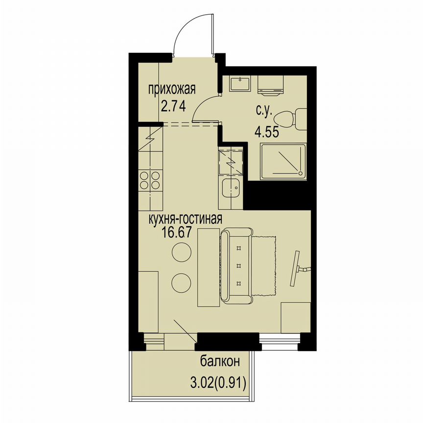 Квартира-студия, 24,9 м², 4/12 эт.