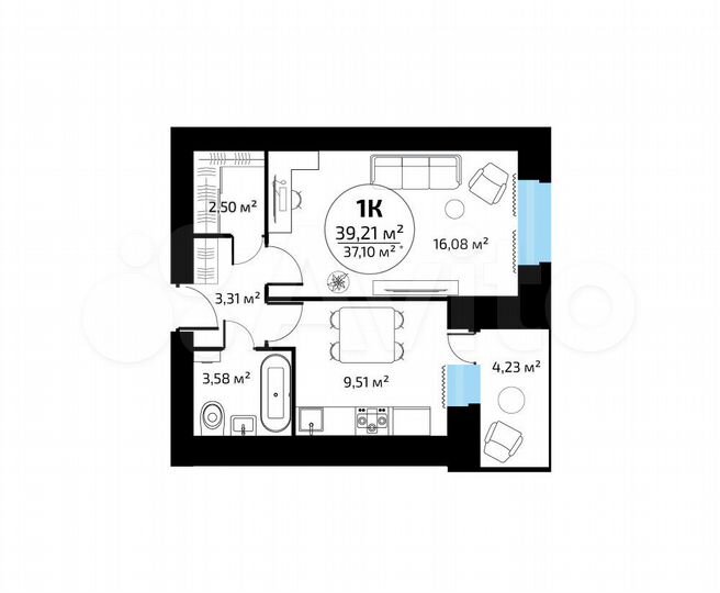 1-к. квартира, 37,1 м², 3/16 эт.