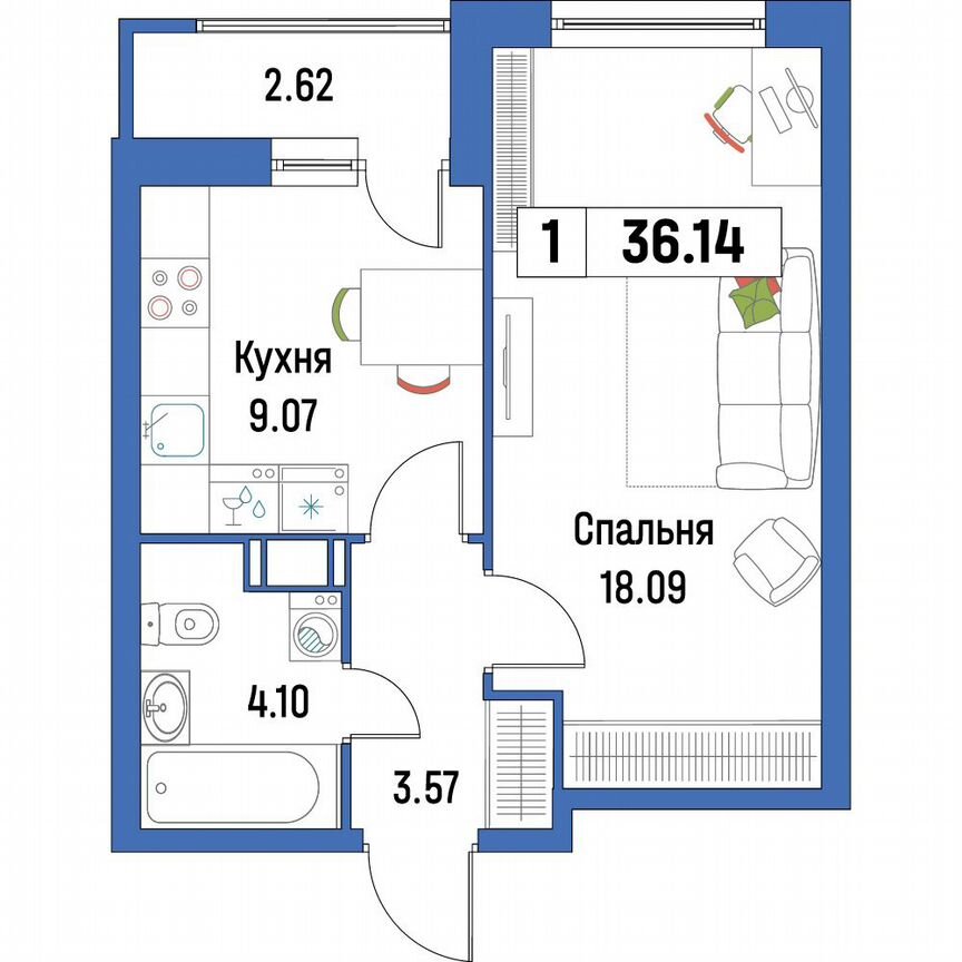 1-к. квартира, 36,1 м², 14/16 эт.
