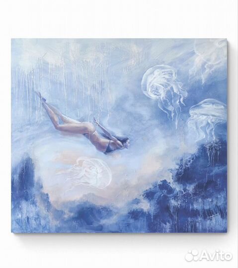 Большая синяя картина девушка море глубина медузы