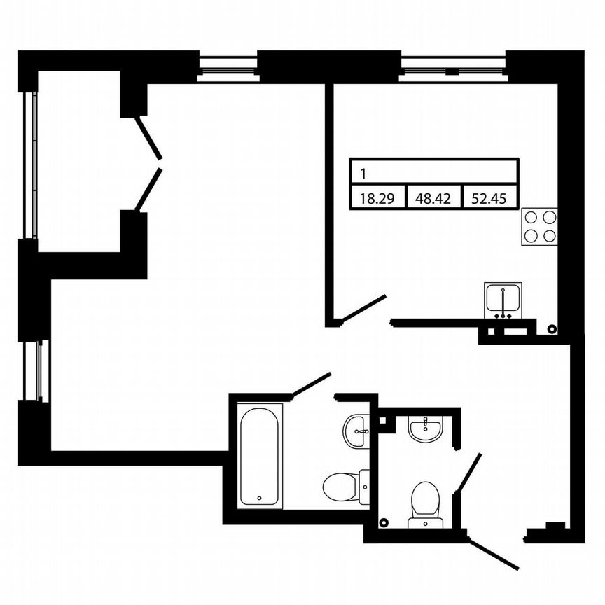 Своб. планировка, 52,3 м², 2/5 эт.