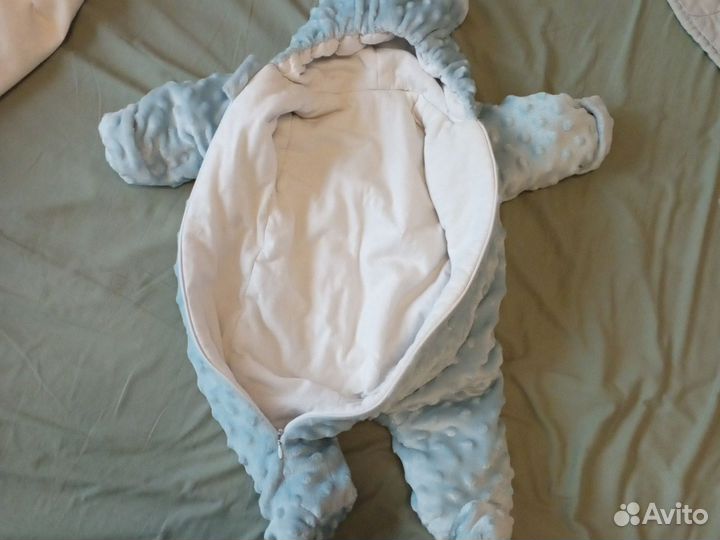 Детский голубой Комбинезон плюшевый на выписку