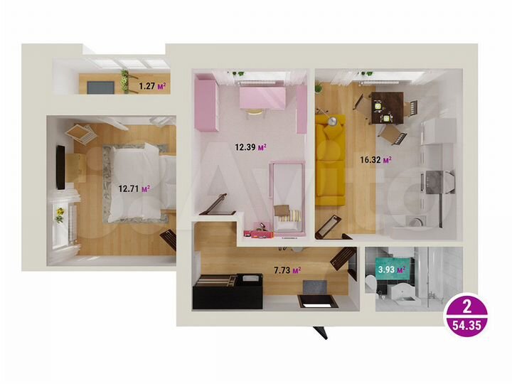 2-к. квартира, 54,4 м², 3/8 эт.