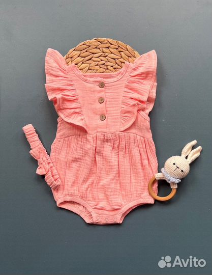 Нарядное муслиновое боди с повязкой 62 68 74 80 86