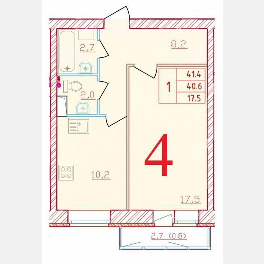 1-к. квартира, 41,4 м², 8/9 эт.