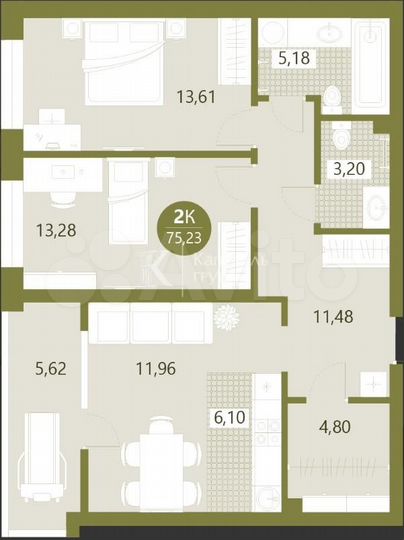 2-к. квартира, 75,2 м², 6/9 эт.