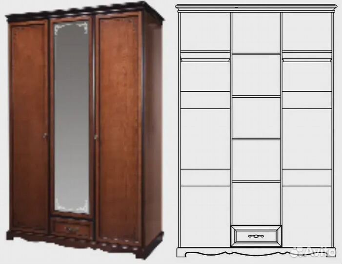 Шкаф для платья и белья 3х дверный с зеркалом &qu