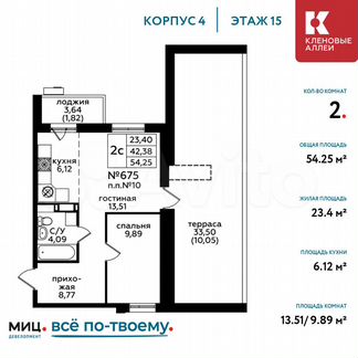 2-к квартира, 54.3 м², 15/15 эт.
