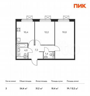 2-к квартира, 54.4 м², 12/16 эт.