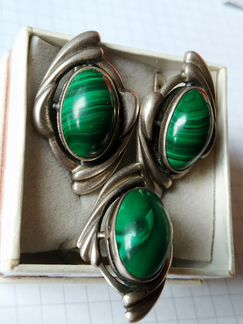 Серьги кольцо малахит серебро СССР винтаж комплект