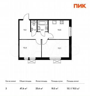 2-к квартира, 47.6 м², 2/22 эт.