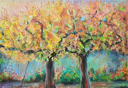 Пейзаж с деревьями, осень, рисунок, картина