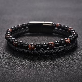 Браслет кожаный Красный Тигровый глаз Оникс