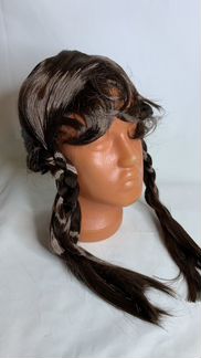 Парик карнавальный каштановый с косами и челкой