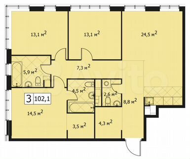 3-к квартира, 102 м², 3/14 эт.