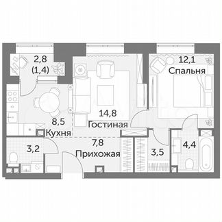 2-к квартира, 55.7 м², 3/48 эт.